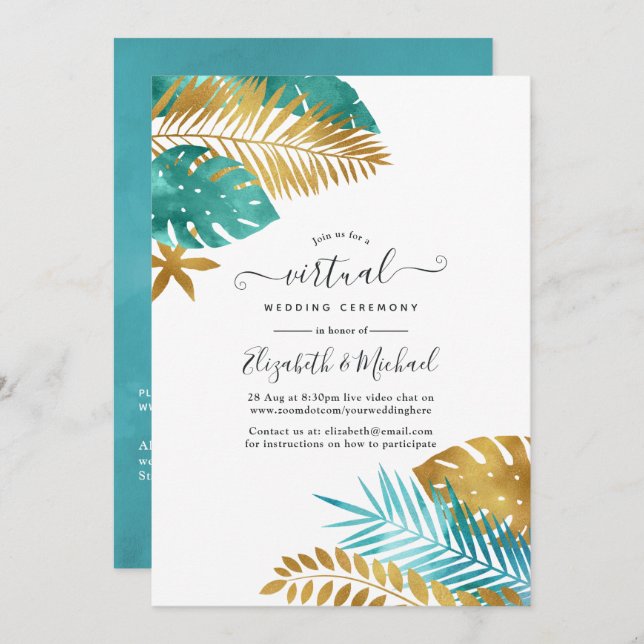 Aquamarine und Gold Tropical Online Virtual Weddin Einladung (Vorne/Hinten)