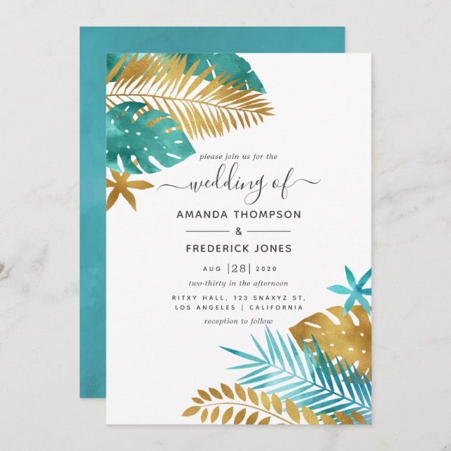 Aquamarine und Gold Tropical Wedding Einladung (Vorne/Hinten)