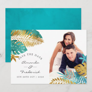 Aquamarine und Gold Tropical Wedding retten das Da Einladung