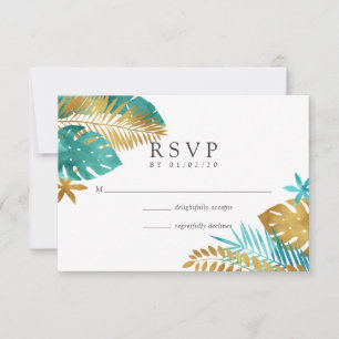 Aquamarine und Gold Tropical Wedding RSVP Karte