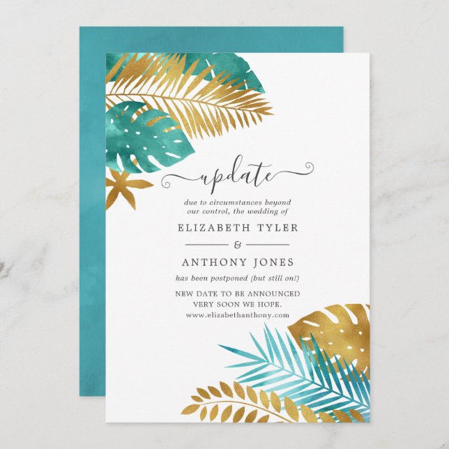 Aquamarine und Gold Tropical Wedding Update Einladung (Vorne/Hinten)