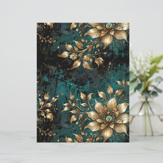Aquamarine und goldbedrückte Grunge Floral (Stehend Vorderseite)