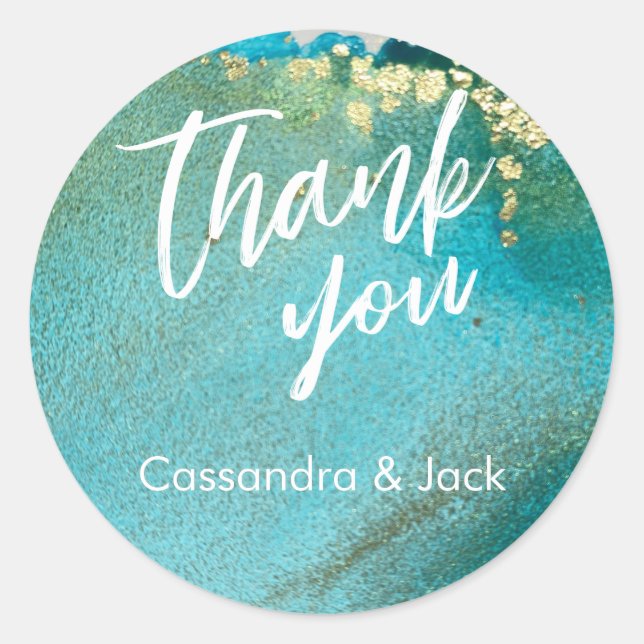 Aquamarine und goldene Abstrakte Kunst Lässig Hand Runder Aufkleber (Vorderseite)