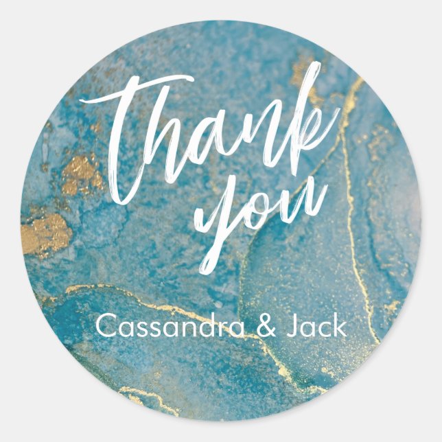 Aquamarine und goldene Abstrakte Kunst Lässig Hand Runder Aufkleber (Vorderseite)