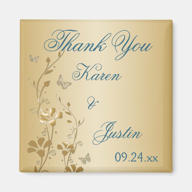 Aquamarine und goldene Blume und Schmetterlingsmag Magnet (Vorne)