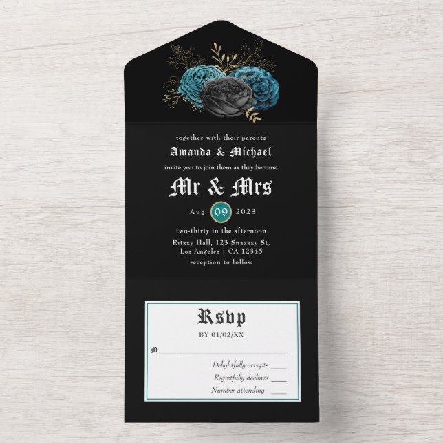 Aquamarine und goldene blumengotische Hochzeit in  All In One Einladung (Innen Boden)