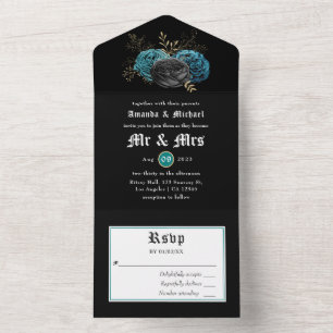 Aquamarine und goldene blumengotische Hochzeit in All In One Einladung