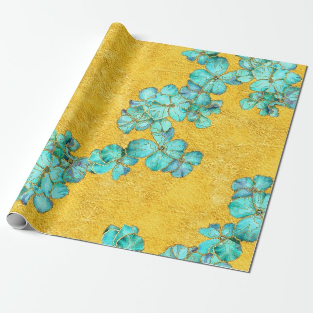 Aquamarine und goldene Blumenmuster Geschenkpapier (Ungerollt)