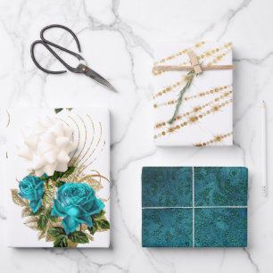 Aquamarine und goldene Flechtfolien Geschenkpapier Set