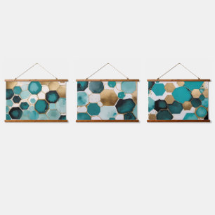 Aquamarine und goldene Honeycomb Grunge Watercolor Wandteppich Mit Holzrahmen