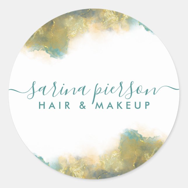 Aquamarine und goldene, moderne Kunst Flüssige Aqu Runder Aufkleber (Vorderseite)