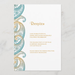 Aquamarine und goldene Paisley Hochzeitsempfehlung Einladung