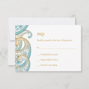 Aquamarine und goldene Paisley Wedding RSVP Karte