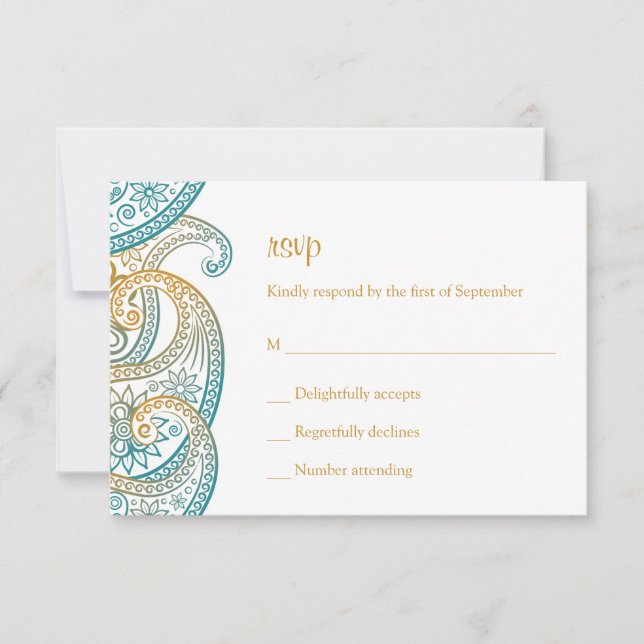 Aquamarine und goldene Paisley Wedding RSVP Karte (Vorderseite)