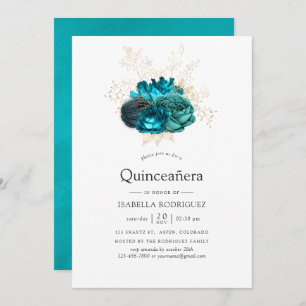 Aquamarine und goldene Quinceñera Einladung