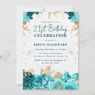 Aquamarine und goldene Rose Floral 21. Geburtstag Einladung