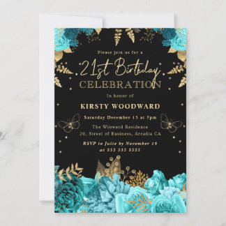 Aquamarine und goldene Rose Floral 21. Geburtstag Einladung