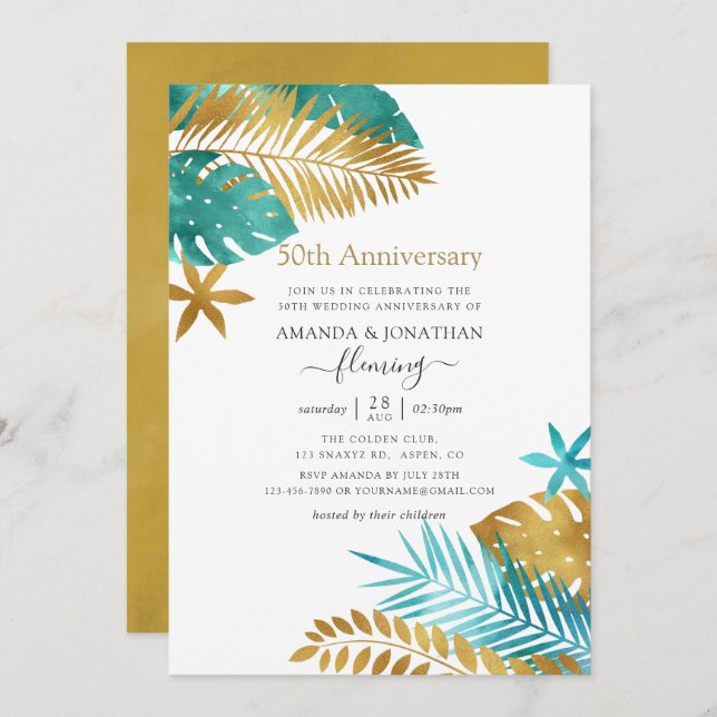 Aquamarine und goldene Tropen 50. Hochzeitstag Einladung (Vorne/Hinten)