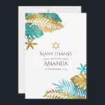 Aquamarine und goldene tropische Bat Mitzvah Dankeskarte<br><div class="desc">Mit dieser eleganten Dankeschön-Karte, die sich perfekt für eine Bat Mitzvah oder eine jüdische Feier eignet, bedanken Sie sich. Dieses tropische Design mit aquamarinen und goldenen Blätter aus Palmen und einem Star of David verbindet den modernen Stil mit traditioneller Symbolik. Vollständig anpassbar, ist es eine durchdachte Art, Ihren Gästen zu...</div>