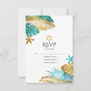 Aquamarine und goldene tropische Bat Mitzvah RSVP Karte