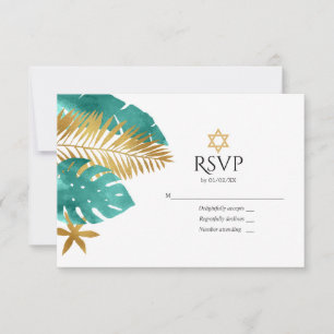 Aquamarine und goldene tropische Bat Mitzvah RSVP Karte