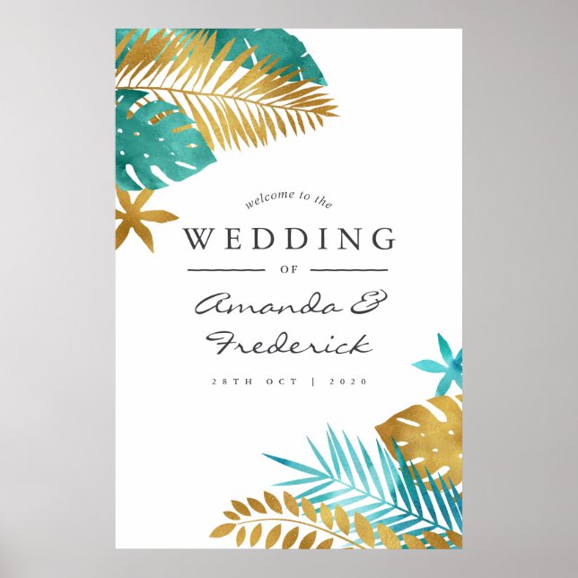 Aquamarine und goldene Tropische Hochzeit Poster (Vorne)