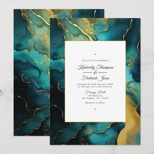 Aquamarine und goldfarbene Hochzeit Einladung (Vorne/Hinten)