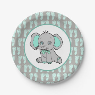Aquamarine und graue Elephant Themed Baby Dusche Pappteller