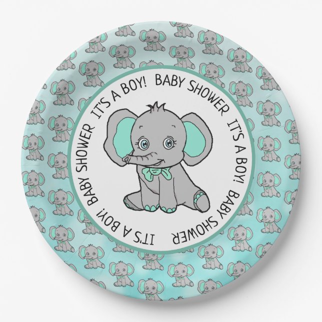 Aquamarine und graue Elephant Themed Baby Dusche Pappteller (Vorderseite)
