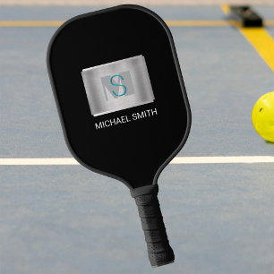 Aquamarine und graue Monogramm, Silbername, schwar Pickleball Schläger