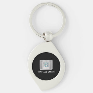 Aquamarine und graue Monogramm, Silbername, schwar Schlüsselanhänger