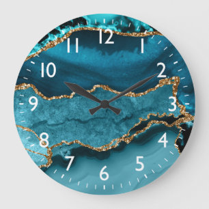 Aquamarine und Imitate Gold Glitzer Marmormatte Große Wanduhr