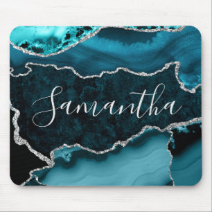 Aquamarine und Imitate Silver Glitzer Marmor Agate Mousepad