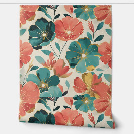 Aquamarine und korale Blüten Gold Akzent Moderne B Tapete