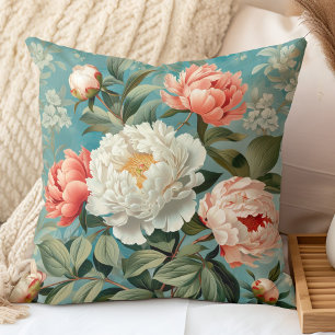 Aquamarine und korallenVintage Peonies Kissen