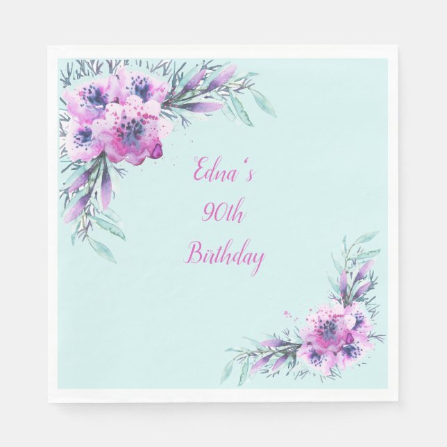 Aquamarine und Lila Aquarellfarben-Blume 90. Serviette (Vorderseite)
