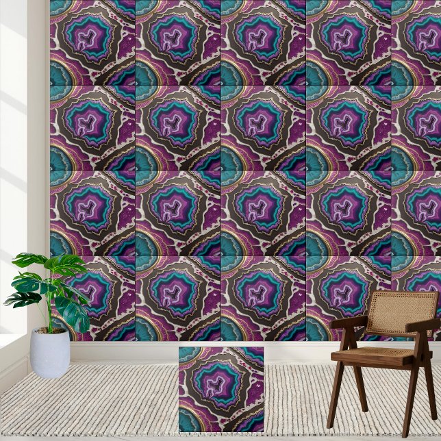 Aquamarine und Lila Geode Resort Art Tile Fliese (Teal and Purple Geode Resin Art Tile)
