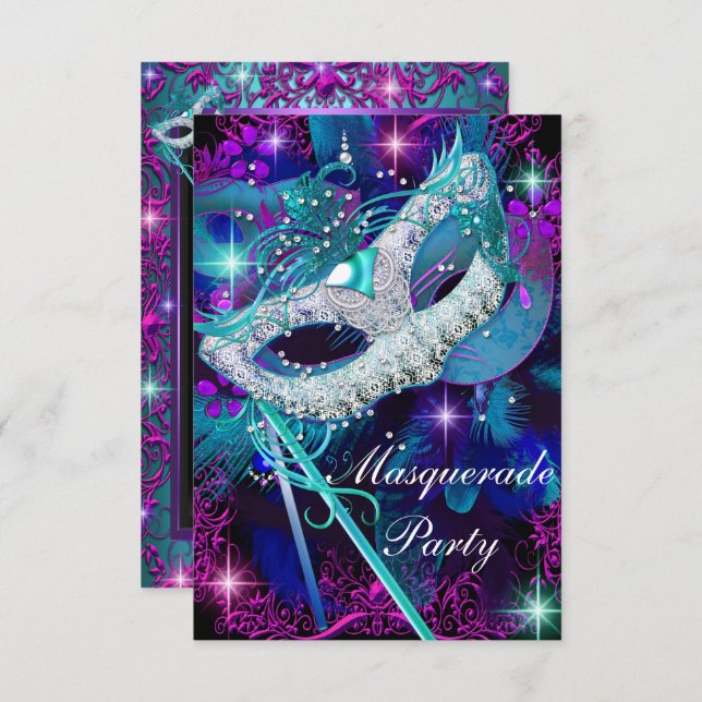 Aquamarine und Lila Masquerade Ball Party Einladun Einladung (Vorne/Hinten)