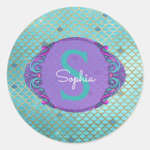 Aquamarine und Lila Mermaid-Scales Monogram zum Ge Runder Aufkleber