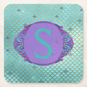 Aquamarine und Lila Mermaid-Scales Monogramm Gebur Rechteckiger Pappuntersetzer