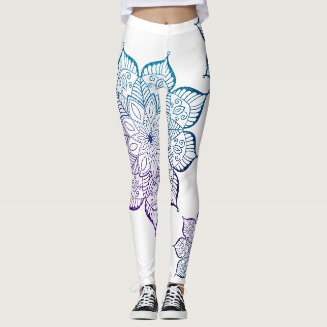 Aquamarine und Lila Ombre Imitate Glitzer Mandalas Leggings (Vorderseite)