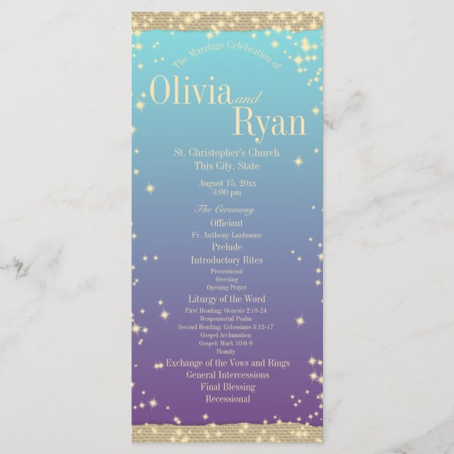 Aquamarine und Lila Rustikale Ombre" Hochzeit Programm (Vorderseite)