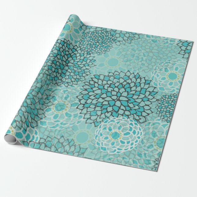 Aquamarine-und Minzen-Blumen-Explosion Geschenkpapier (Ungerollt)