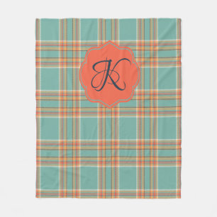 Aquamarine und Orange Tartan Karierte Monogramm-Bl Fleecedecke