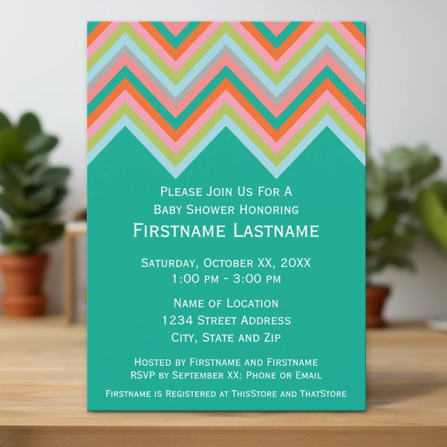 Aquamarine und orange Zickzack Muster Kinderdusche Einladung (Custom Invitation with Download Option)