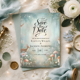Aquamarine und pfirsichfarbene Waldhochzeit Save The Date