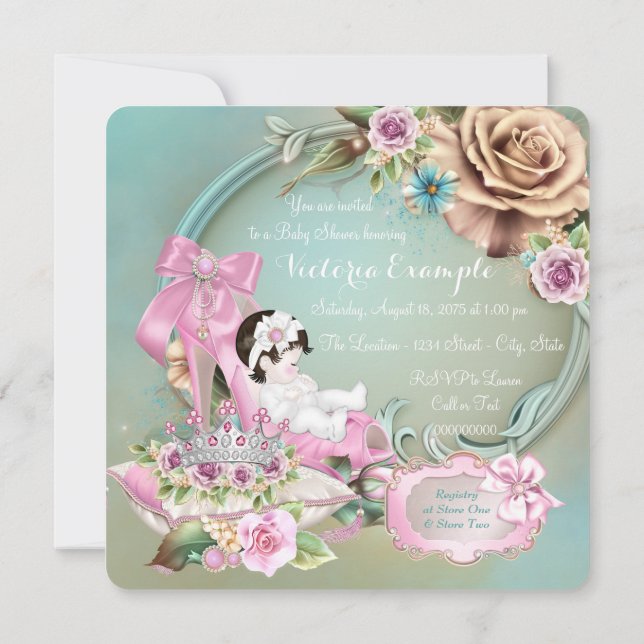 Aquamarine und rosa Dusche Rose Kinderdusche Einladung (Rückseite)