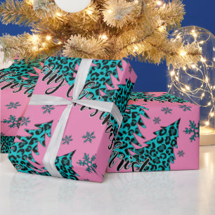 Aquamarine und rosa Geparde Weihnachtsbaumen druck Geschenkpapier