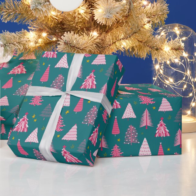 Aquamarine und rosa Weihnachtsbaummuster Geschenkpapier (Feiertage)