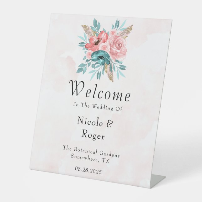 Aquamarine und rosafarbene Peony Blume Hochzeit Be Sockelschild (Vorderseite)